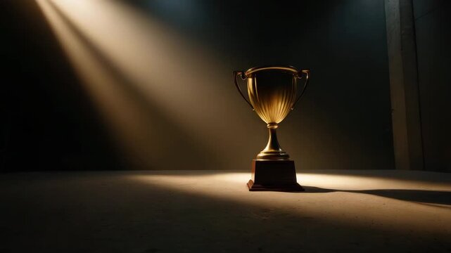 Golden trophy cup illuminated by spotlight in dark room symbolizing achievement success prize award honor recognition champion victory shining metal cup on concrete floor with dramatic light beam