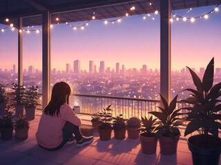 Cozy anime rooftop garden at sunset illustration
