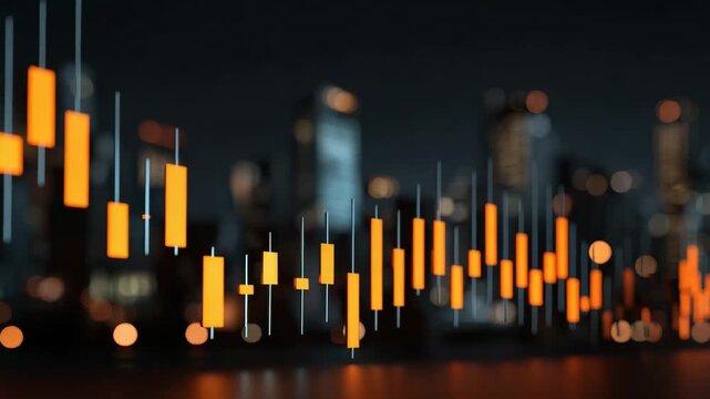 Orange candlestick chart displaying financial stock market data with blurred cityscape background, highlighting dynamic market trends and investment analysis in vibrant urban night setting - Powered by Adobe