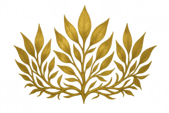 Golden botanical ornament design element. Gilded foliage branches with decorative leaves and natural organic shape on transparent background