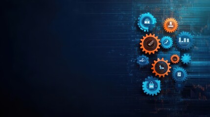 Digital technology concept with interconnected gears and graphical interface representing automation, innovation, and modern computer systems on dark background