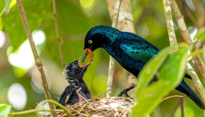 Iridescent Starling Feeds a Chick a Worm in Nest