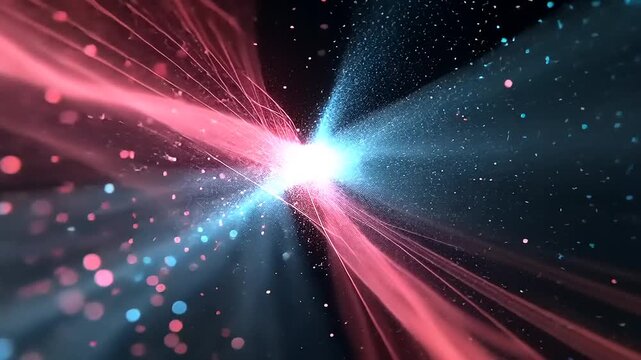 Abstract visualization of vibrant energy waves intersecting in a cosmic space with colorful particles