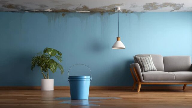 Water damage ceiling leak with blue bucket and wet floor in living room featuring sofa, indoor plant, modern lamp, wooden floor, and visible wall stain requiring repair and maintenance
