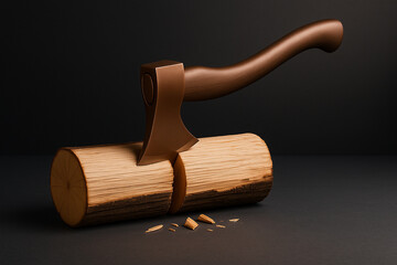 Bronze Axe Splitting Birch Log on Charcoal Background | Executive Financial Decision and Corporate Restructuring Concept
