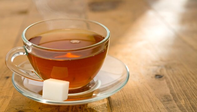 Transparent teacup with sugar cube on wooden table - Powered by Adobe