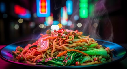 Steaming noodle dish on a vibrant cityscape background displaying culinary delight and urban gastronomy representing
