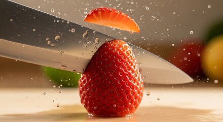 Strawberry being sliced with a knife, water droplets flying, vibrant colors