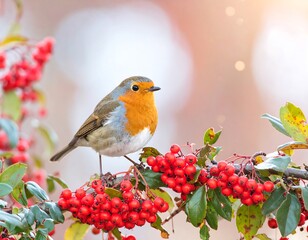 Robin perched on a branch laden with berries