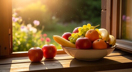 Sunlit still life of vibrant fruits on a windowsill evoking a serene and healthy lifestyle scene ideal for promoting