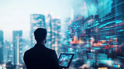 Businessman using digital tablet with data analytics graphs and financial charts in a modern city at night with bright neon lights and skyscrapers