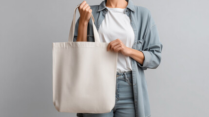 A woman holding a blank white tote bag mockup. Perfect for showcasing logo designs and branding or promotional artwork.