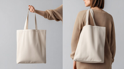 A minimal mockup of a beige canvas tote bag shown in two perspectives. Perfect for branding and logo placement or eco-friendly product design.