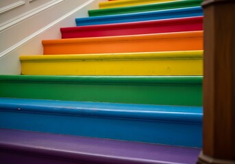 Vibrant ascent: Rainbow-hued staircase design showcasing inclusivity and creative interior design inviting upward