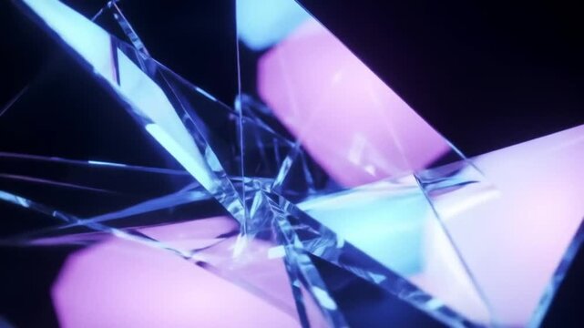 A minimalist glass crystal form glowing with soft blue and purple illumination on a dark background. Perfect for modern art, luxury design, or technology-themed visual projects.