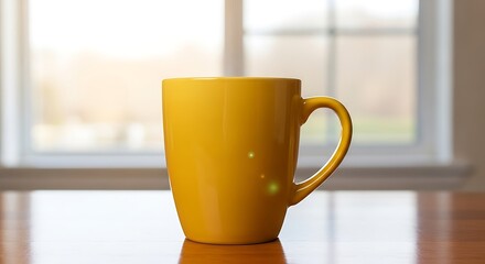 Warm beverage in a yellow mug, reflecting a soothing morning sunlight