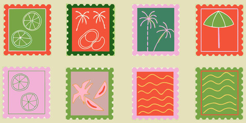 Collection of eight colorful hand drawn postage stamps featuring tropical summer vacation themes