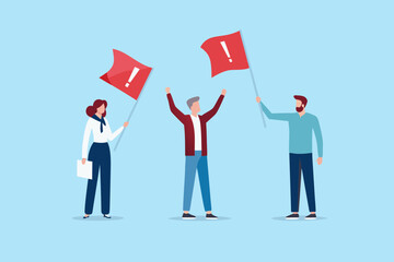 Diverse group of people holding red flags with exclamation marks symbolizing protest or warning