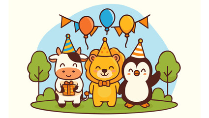 Cartoon Animal Party ? Cow, Lion, and Penguin with Balloons and Flags in Flat Style, animal party, cartoon animals, cow lion penguin, party hats, gift box,