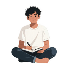 Young Man Sitting and Writing in Notebook &ndash; Flat Vector Illustration
