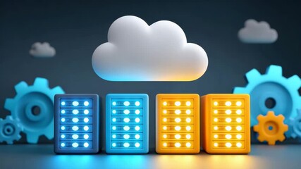 Cloud computing concept featuring glowing server racks and gear wheels blue and orange colors symbolizing advanced data storage technology innovation with digital network connection and computing - Powered by Adobe
