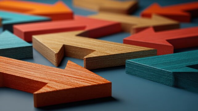 Colorful wooden arrow blocks arranged on a blue , pointing in various directions, creating a dynamic pattern. - Powered by Adobe