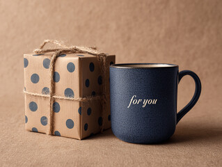 Charcoal Ceramic Mug beside Ribboned Gift