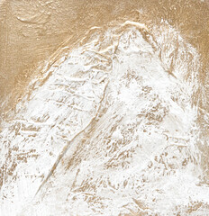Textured abstract painting with gold and white layers creating mountain-like formations.
