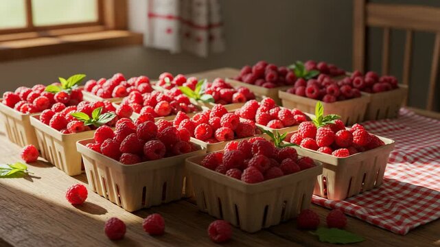 Fresh Organic Raspberries in Wooden Baskets with Green Mint Leaves on Rustic Wooden Surface
