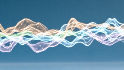 Abstract glowing energy waves with sparkling light particles on blue background, futuristic motion and digital data visualization concept