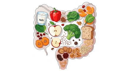 Healthy gut diet visualized with fresh fruits vegetables and grains for digestive wellness