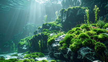 Underwater scene with sunlight filtering through the water, illuminating mossy rocks and aquatic plants.