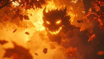 Fire Demon Monster Face Glowing Eyes Autumn Horror Fantasy Art