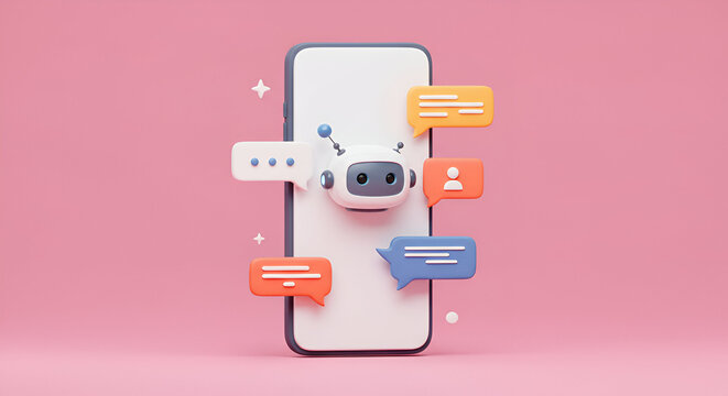 Cute Robot Chatbot on Smartphone Communicating with Colorful Speech Bubbles