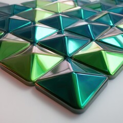 A close up view of a pattern of green and teal geometric shapes with a metallic sheen surface
