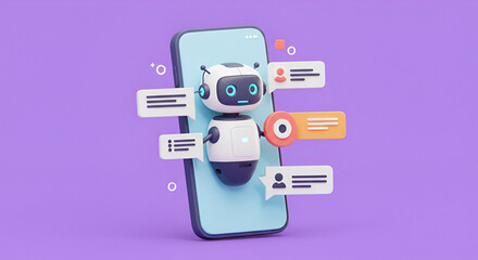 Cute chatbot interacting through a mobile phone with speech bubbles on purple background