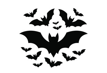 Spooky black bats silhouettes flying on white, perfect for Halloween designs