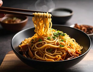 Stir-fried noodles with a hand holding chopsticks