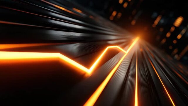 Glowing orange line and zigzag lines on dark metallic surface with futuristic dynamic lighting effects creating speed technology and abstract energy background
