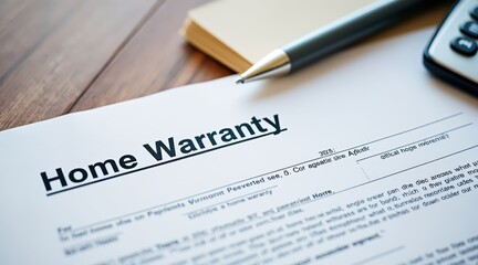 customer care builders concept. Home warranty document on a wooden desk with a pen and calculator.