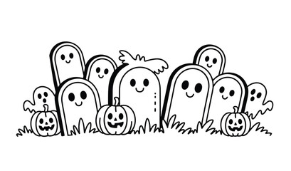 Whimsical Halloween ghosts and pumpkins doodle in black and white for spooky fun