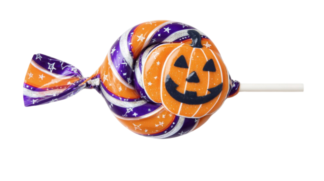 Colorful halloween candy shaped like pumpkin with orange purple swirl and smiling jack face isolated on white background