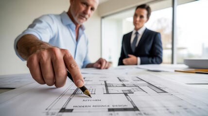 customer care builders concept. Two professionals discussing architectural plans.