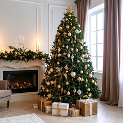Elegant Christmas tree with gifts by a fireplace