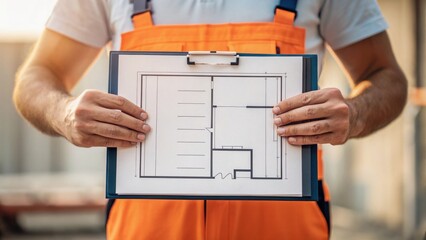 customer care builders concept. Construction worker holding a building blueprint for a project.