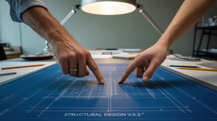 customer care builders concept. Hands pointing at architectural blueprints on a table.
