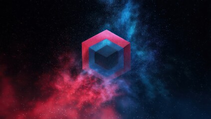 Abstract rendering of nested cubes with red and blue nebula in a dark starry background