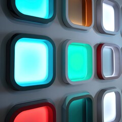 A close up of a wall with square shaped lights that are different colors and have rounded edges