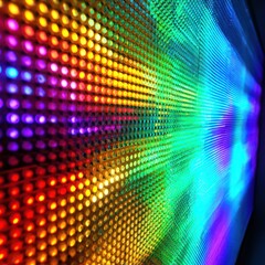 Close up view of a vibrant led display with rainbow colors and a grid pattern illuminating brightly