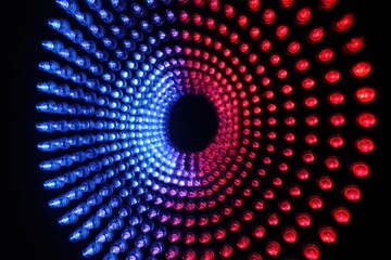 Abstract tunnel of red and blue lights creating a swirling vortex on a black background